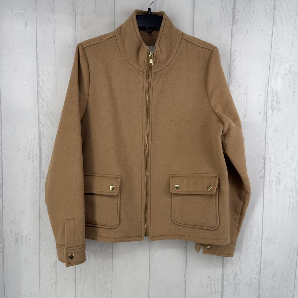 L wool blend high collar zip jacket w/ flap pockets