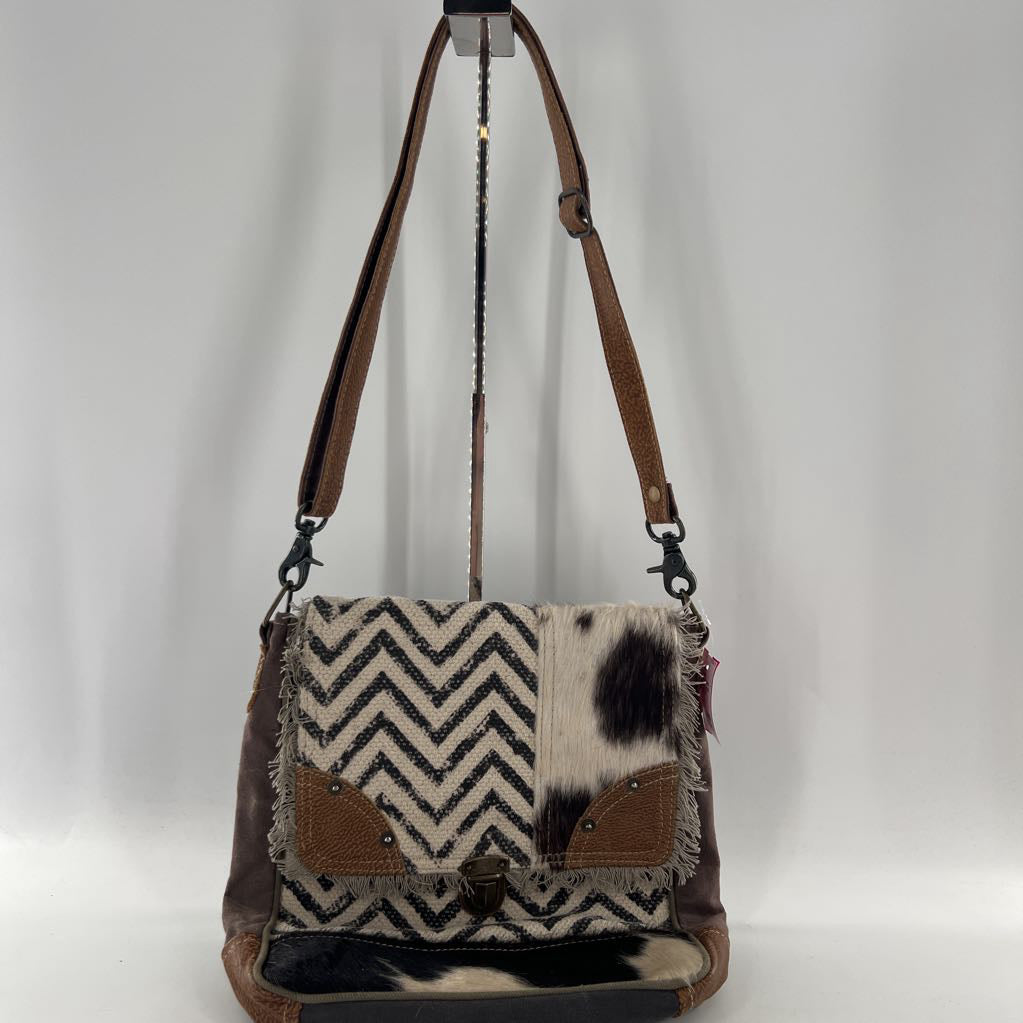 canvas chevron pattern cowhide fringe edges crossbody