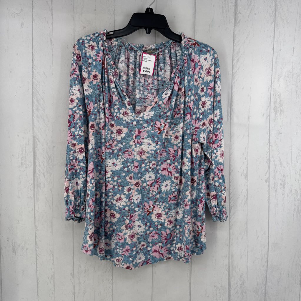 L 3/4 slv floral v-neck top