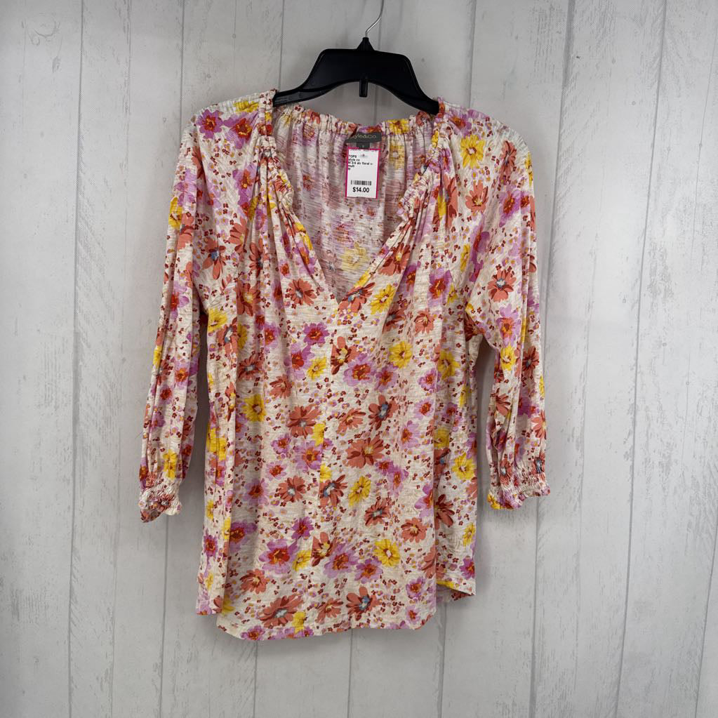 M 3/4 slv floral v-neck top