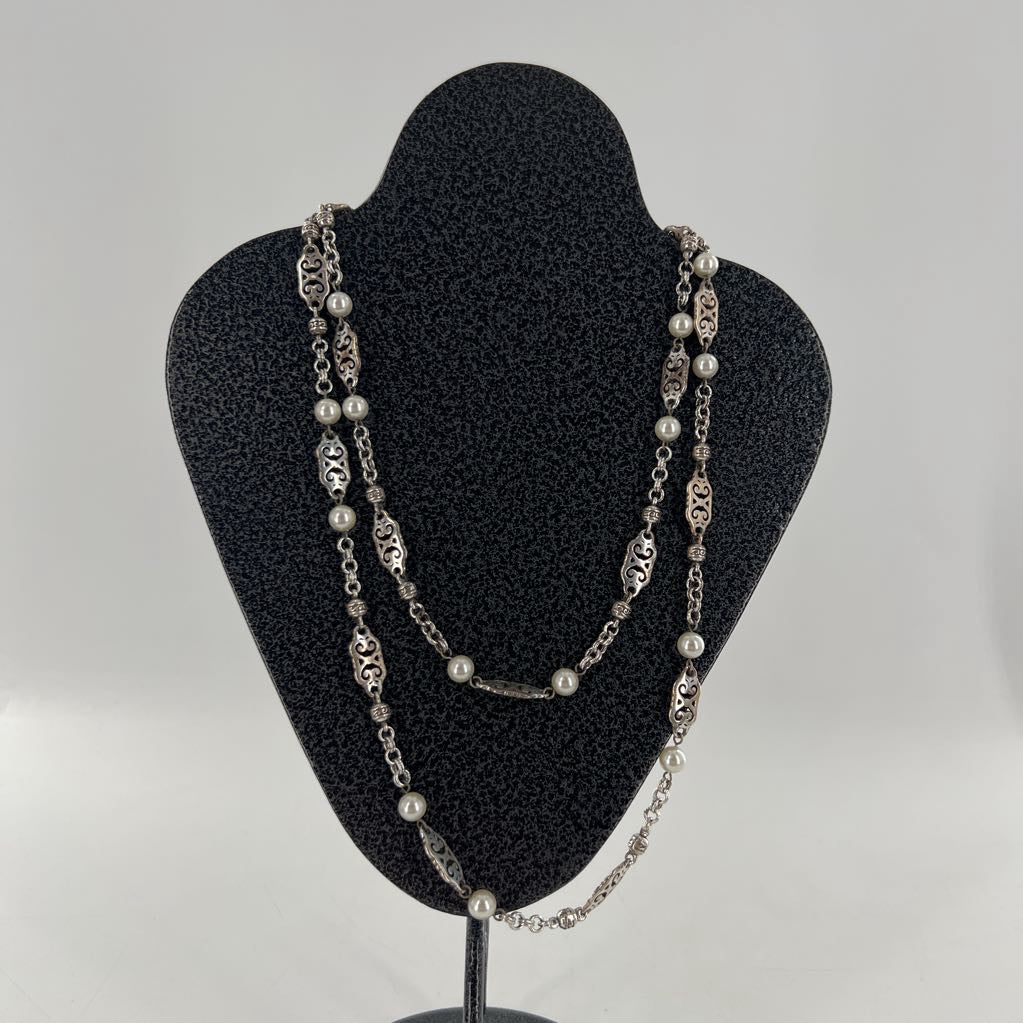 22" silver scroll & pearl layering necklace
