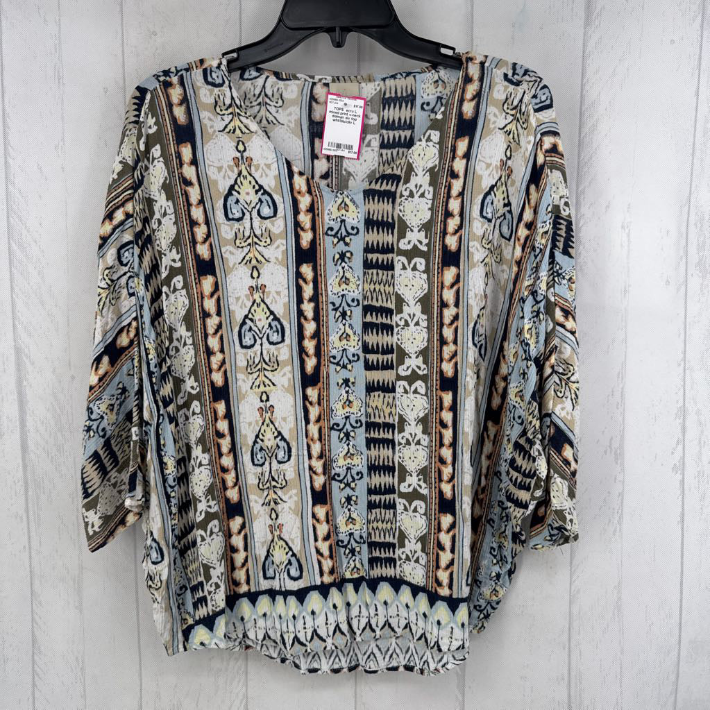 L mixed print v-neck dolman slv top