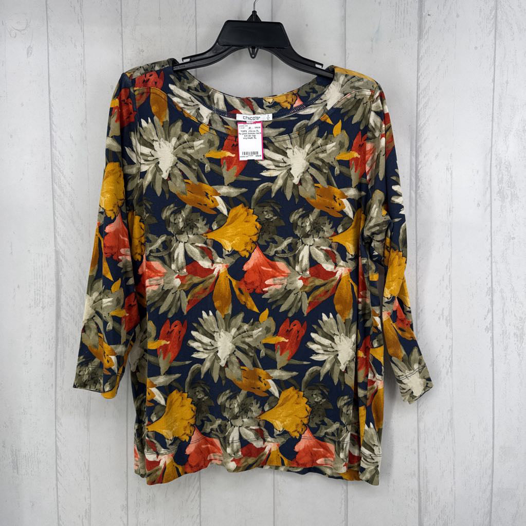 XL flo print bateau neck 3/4 slv top