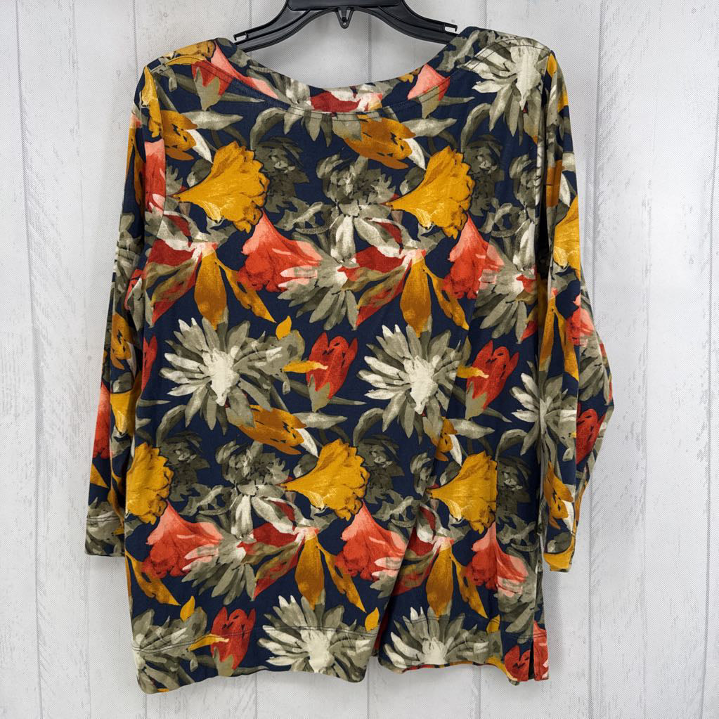 XL flo print bateau neck 3/4 slv top