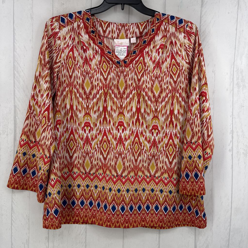 M ikat print embelished v-neck 3/4 slv top