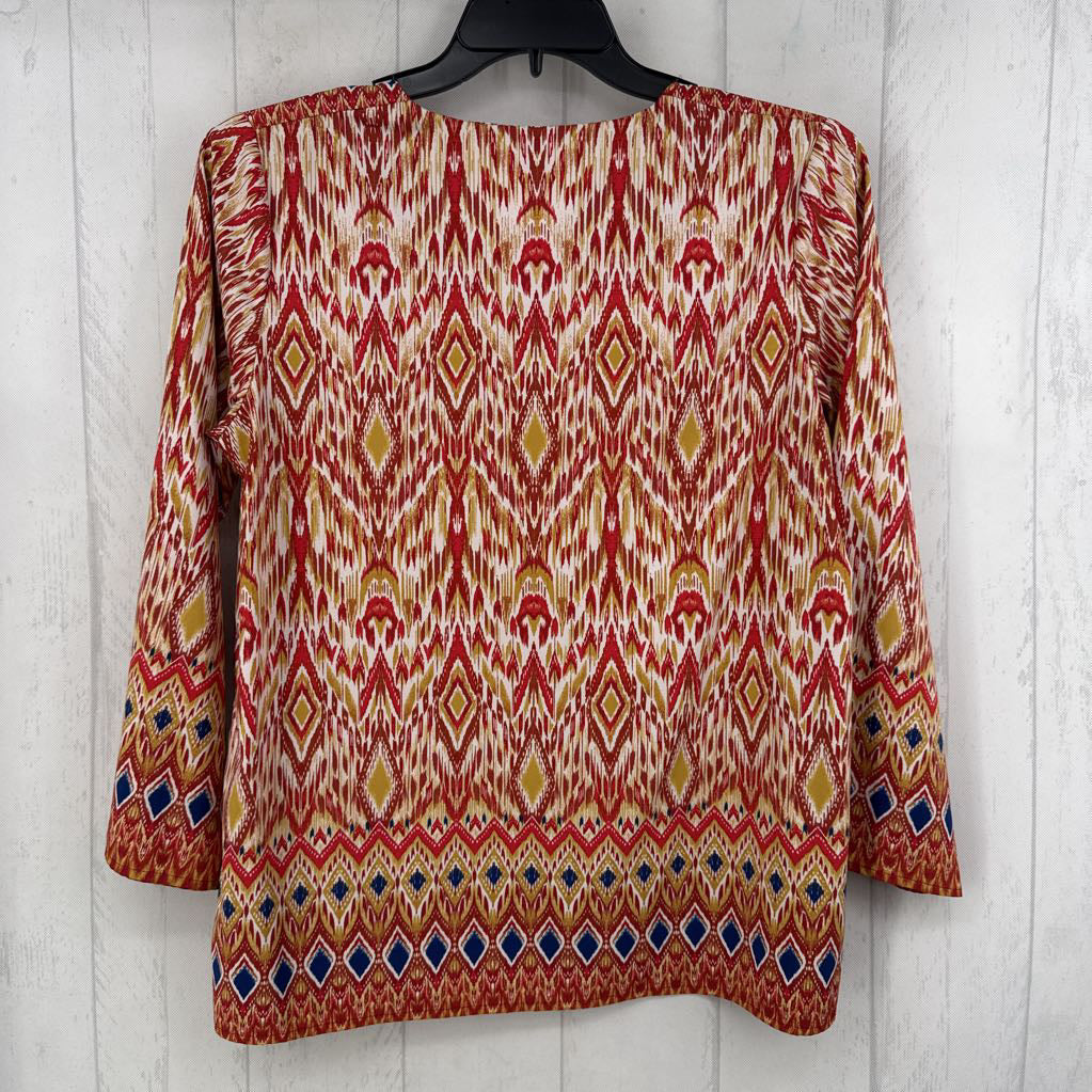 M ikat print embelished v-neck 3/4 slv top
