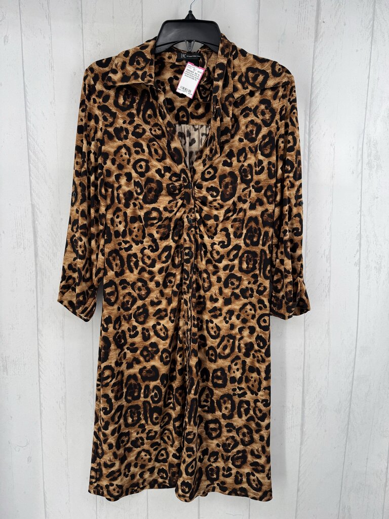 XL animal print 3/4 slv ruched button down dress