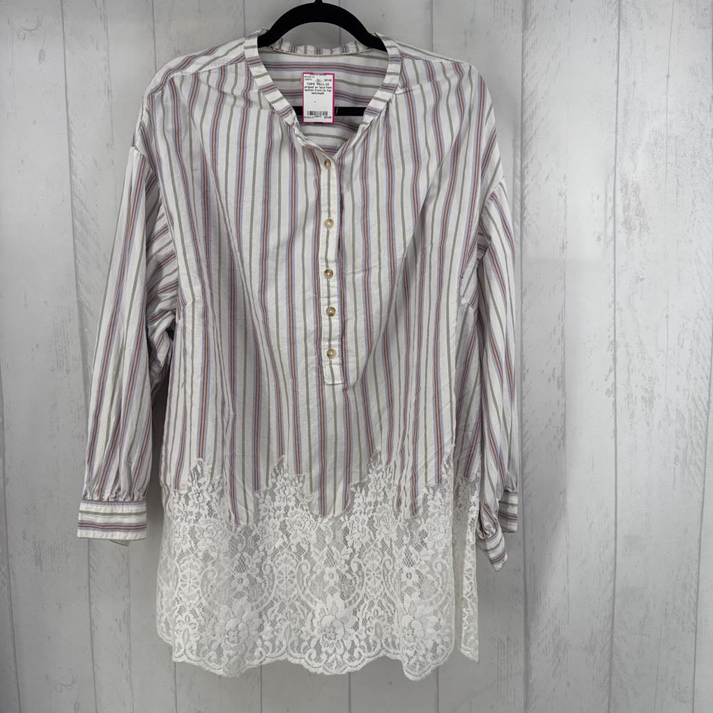 2X striped w/ lace hem button front l/s top