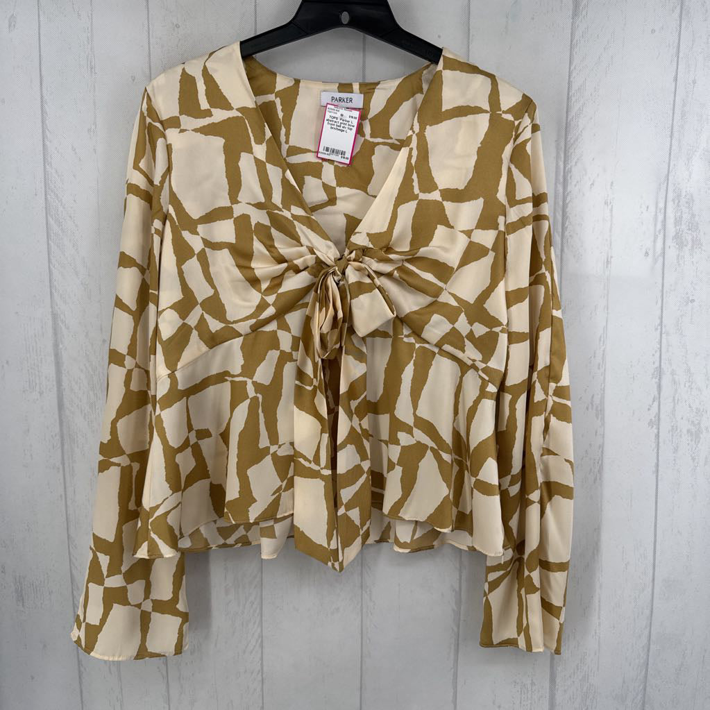 L abstract print bow front bell slv top
