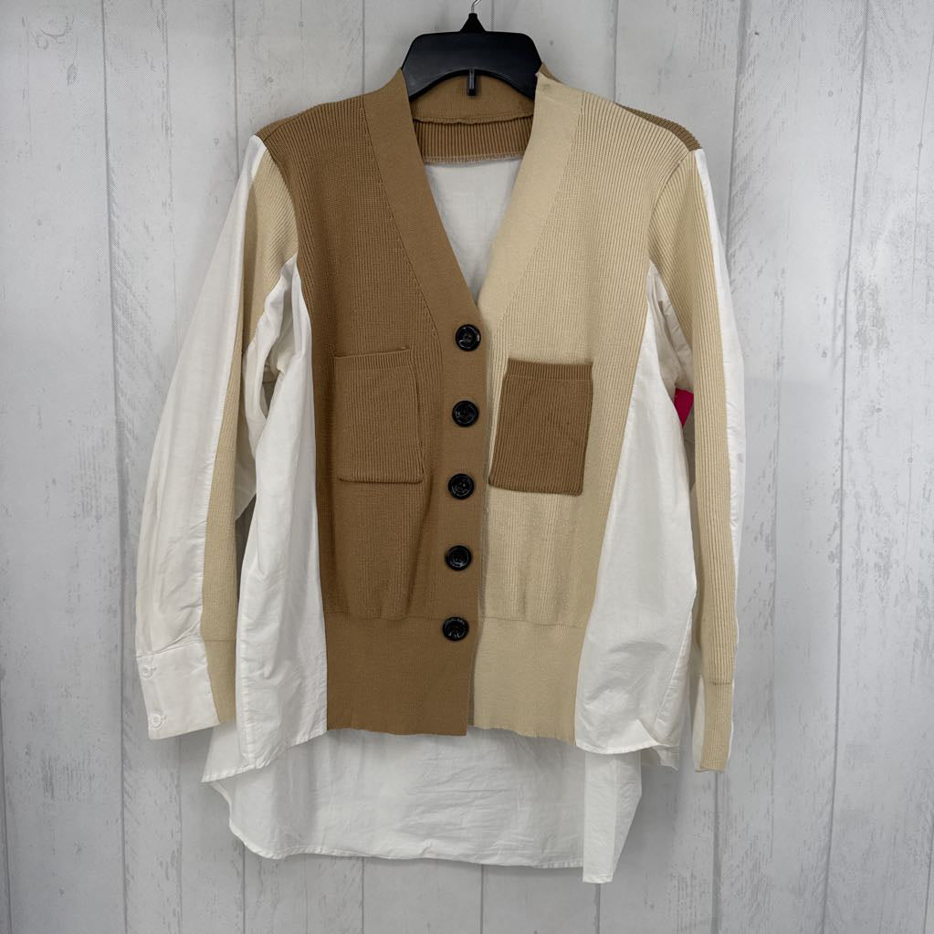 L mixed media button down l/s top