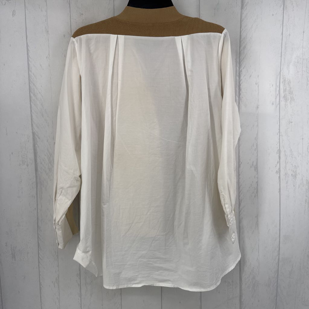 L mixed media button down l/s top