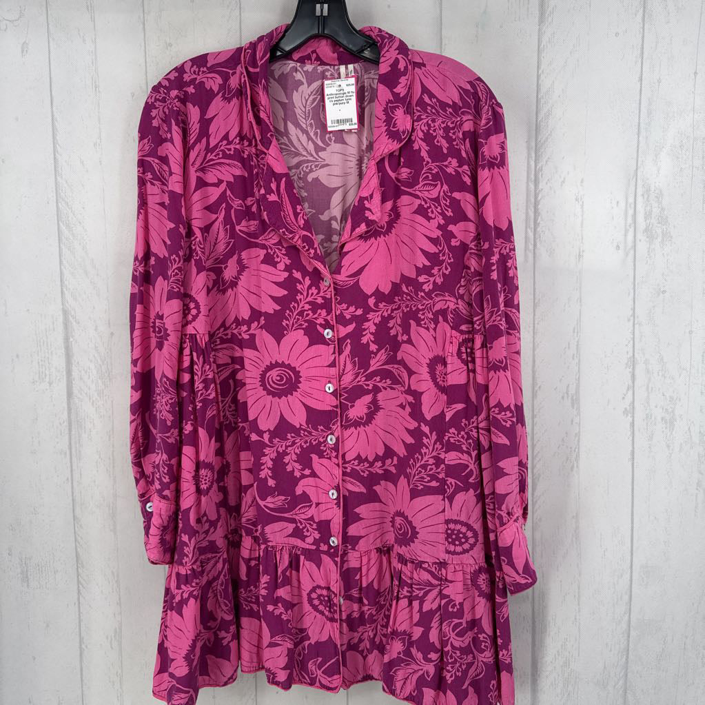 M flo print button down l/s peplum tunic