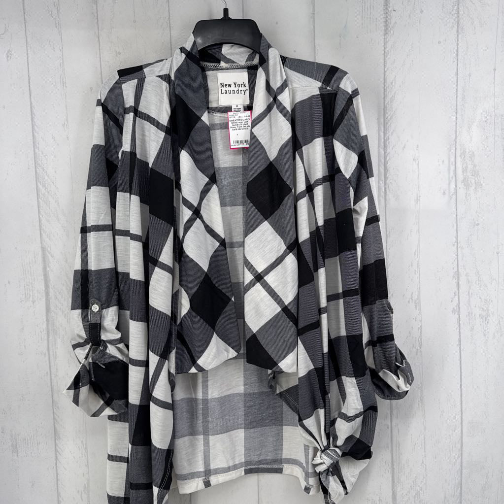 M plaid flowy front tab slv cardi