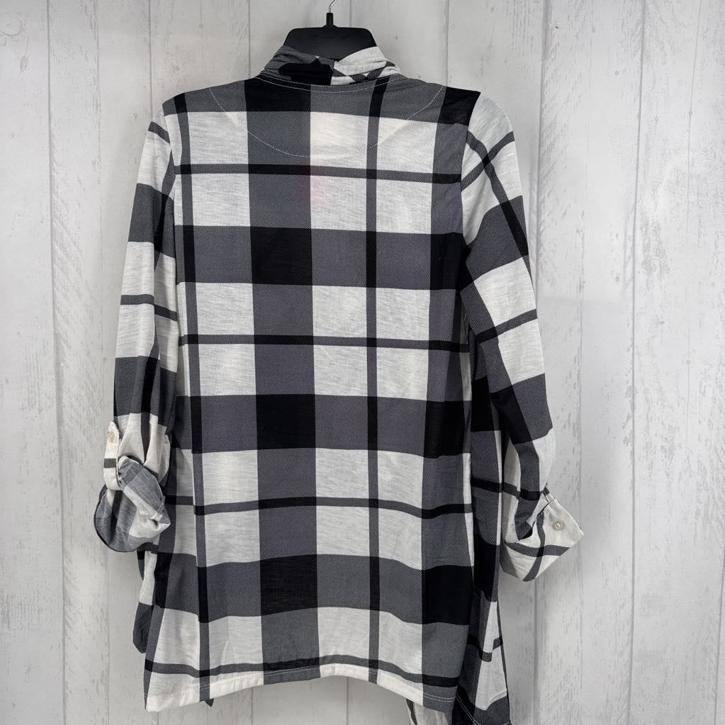 M plaid flowy front tab slv cardi