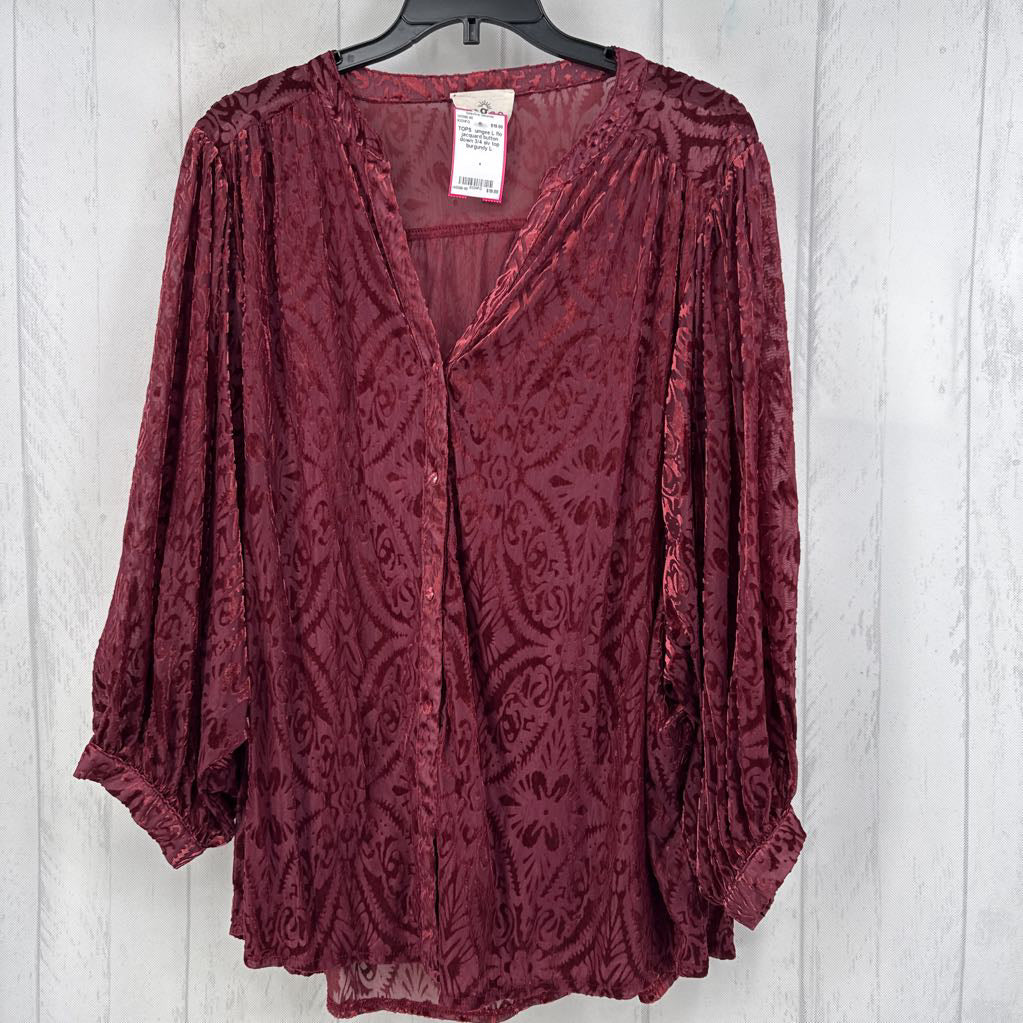 L flo jacquard button down 3/4 slv top