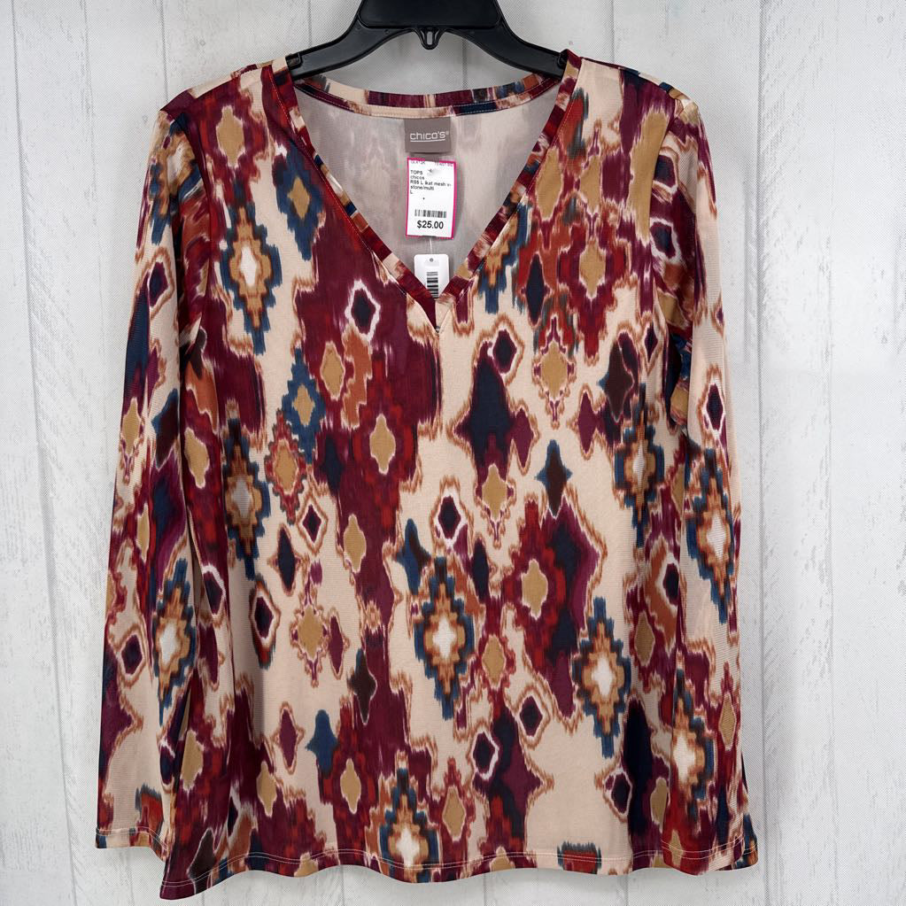 R55 L ikat mesh v-neck l/s top