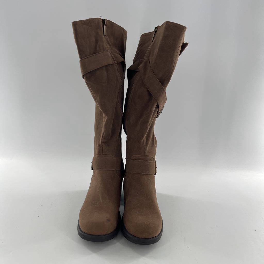 R80 9w double buckle knee high chunky block heel boots