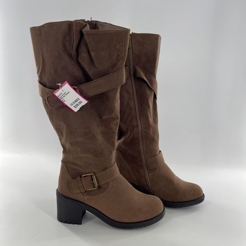 R80 9w double buckle knee high chunky block heel boots