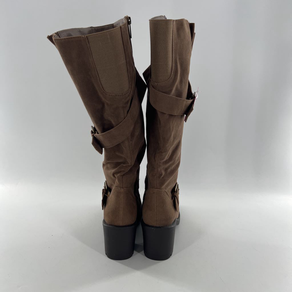 R80 9w double buckle knee high chunky block heel boots