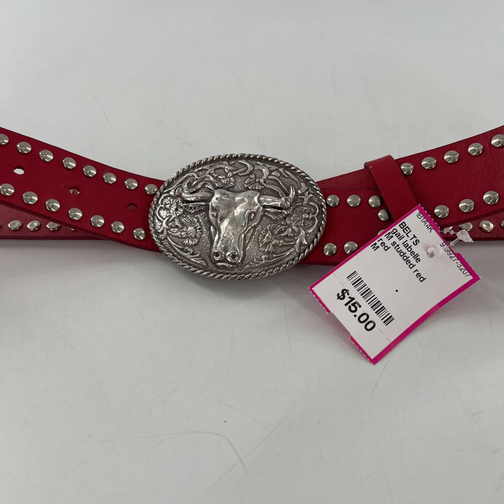 M studded red leather belt w/ bull buckle