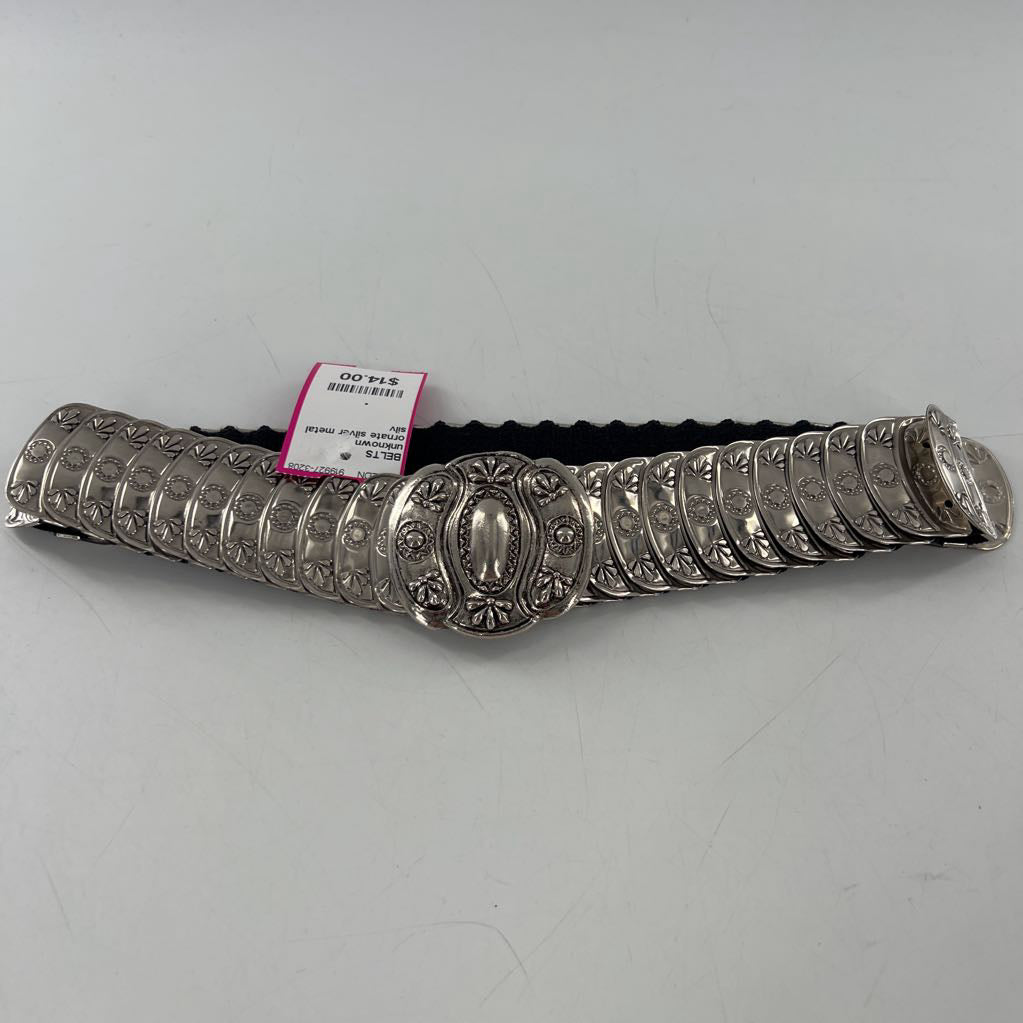 ornate silver metal link elastic belt