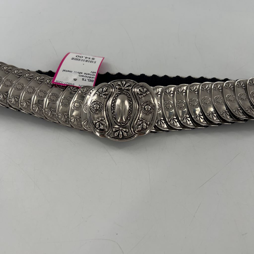 ornate silver metal link elastic belt
