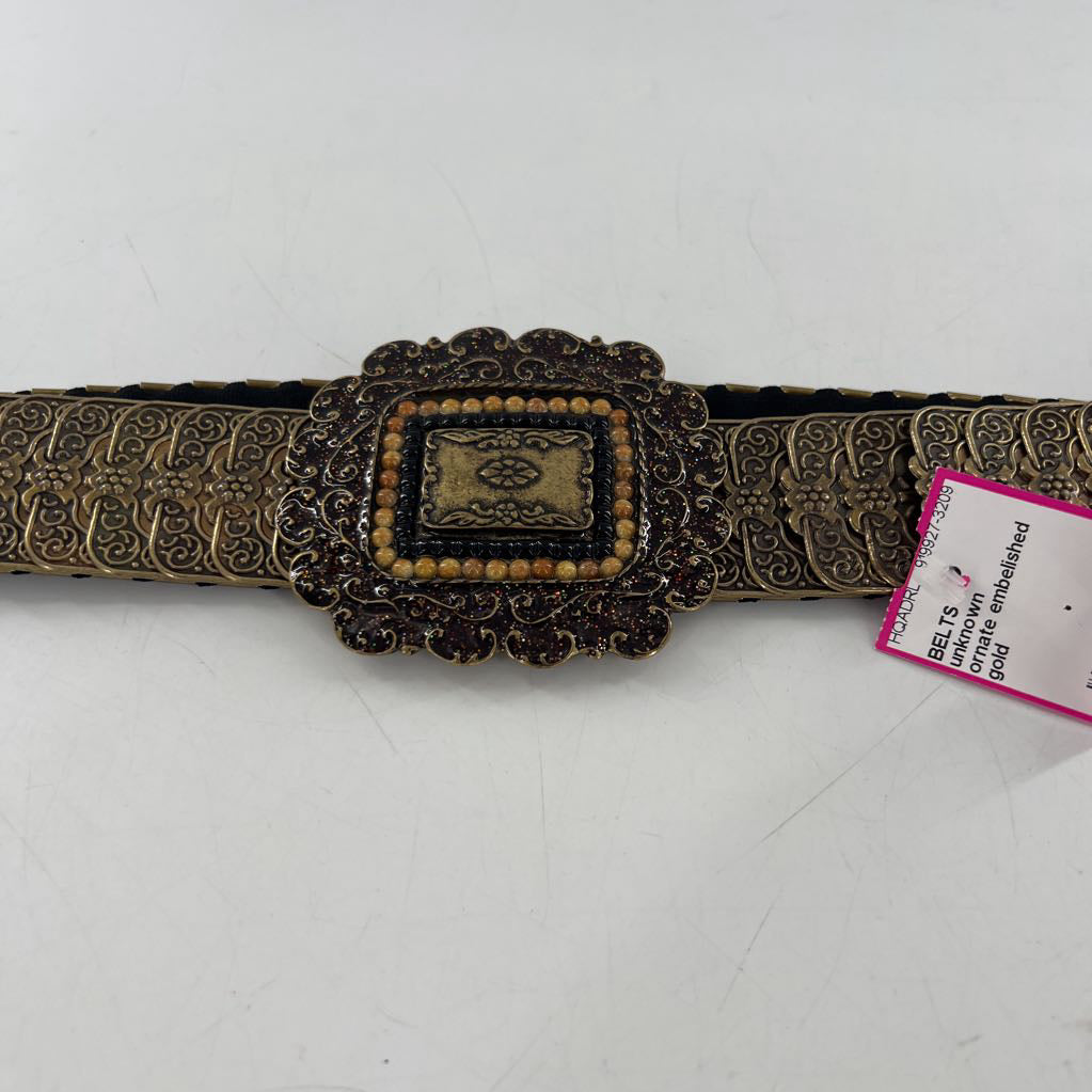 ornate embelished gold metal link elastic belt
