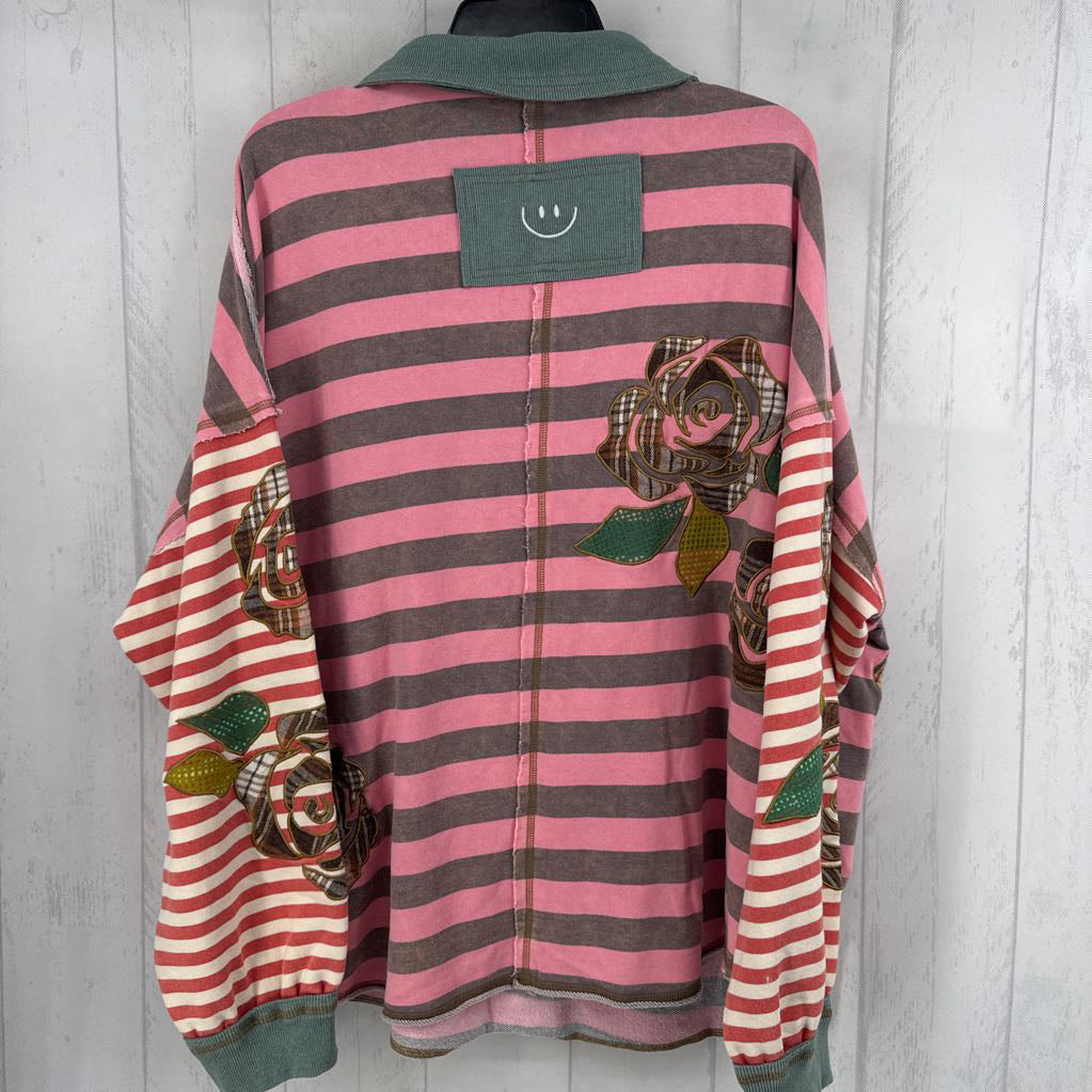 L striped flo embroidered l/s top