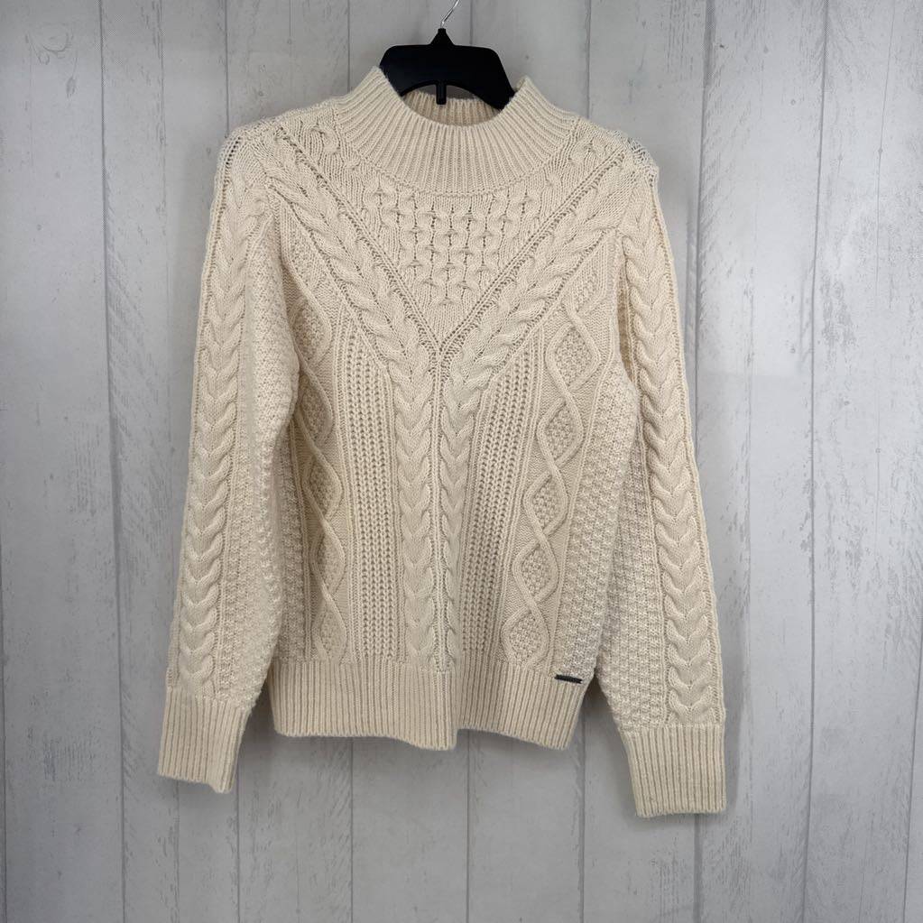 M cable knit mock neck sweater