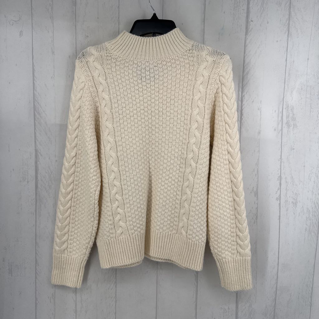 M cable knit mock neck sweater