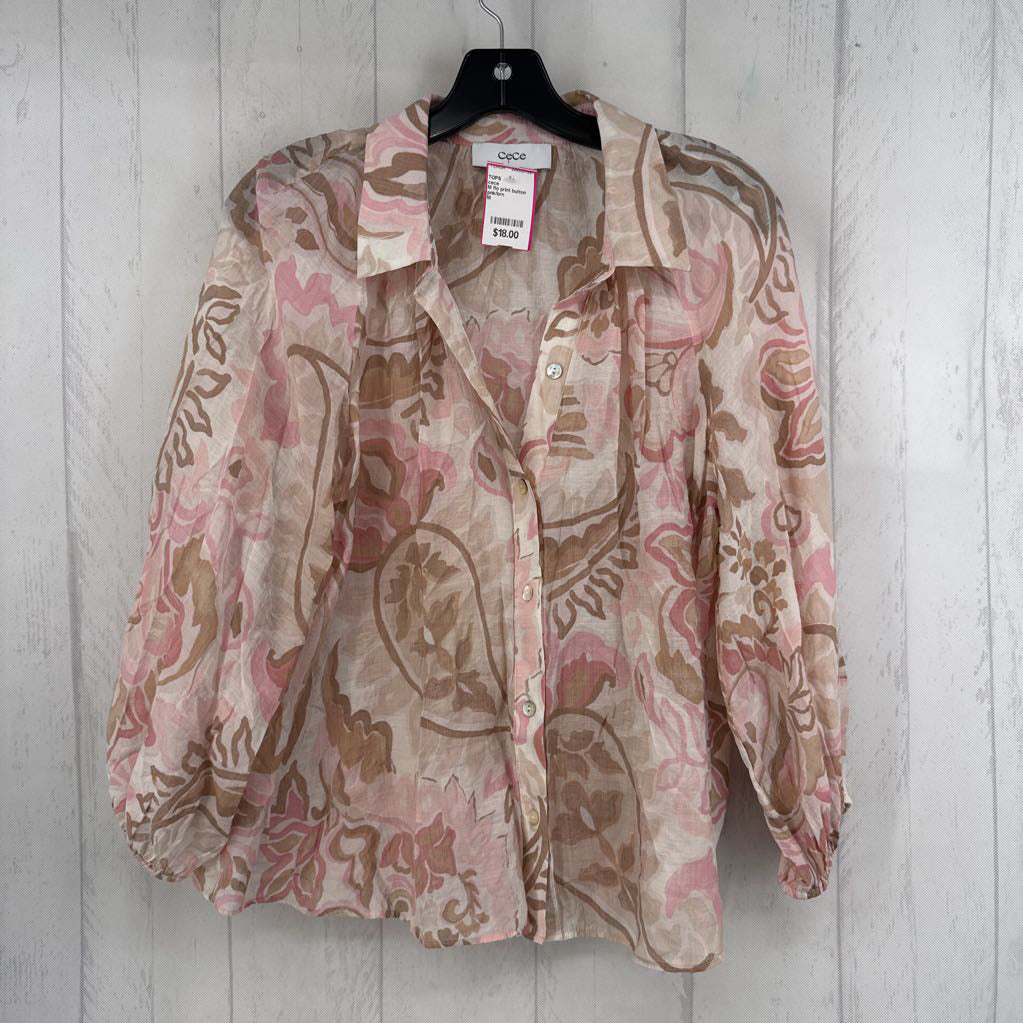 M flo print button down 3/4 slv top