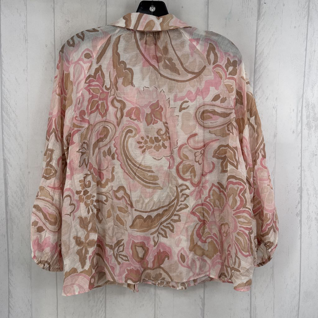 M flo print button down 3/4 slv top