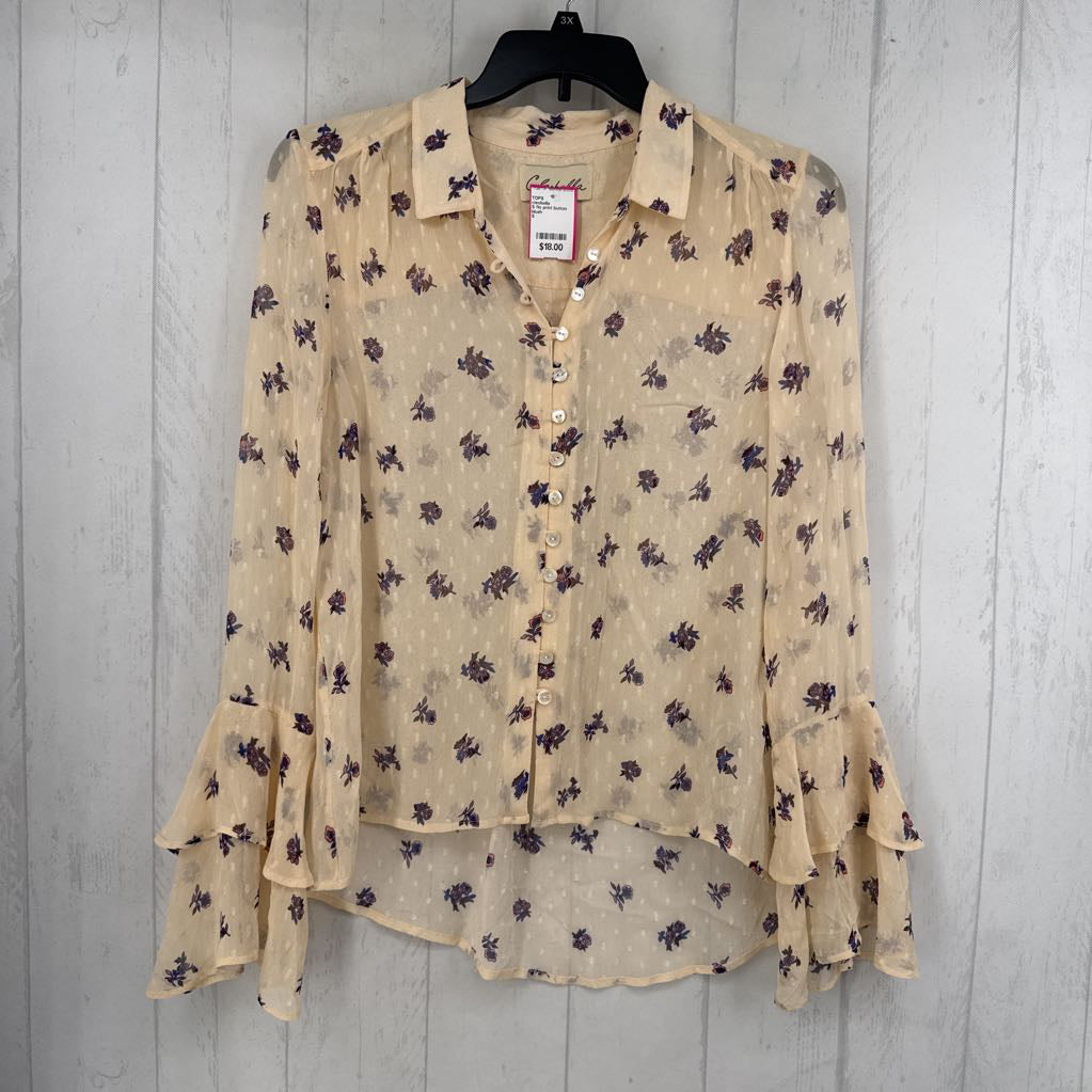S flo print button down flutter slv hi-lo top