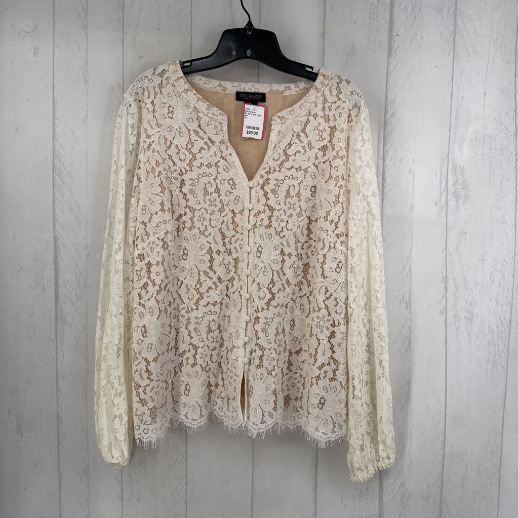XL lace split neck button down l/s top