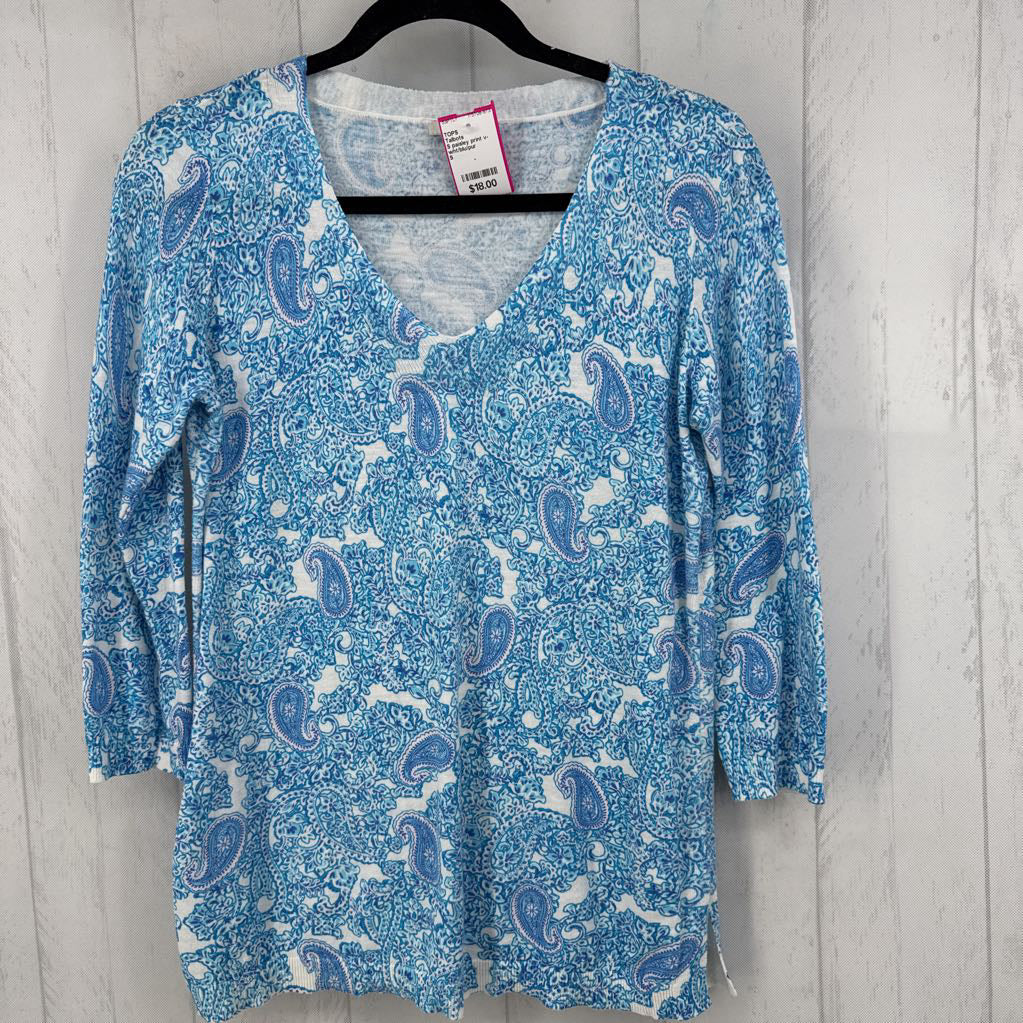 S paisley print v-neck 3/4 slv top