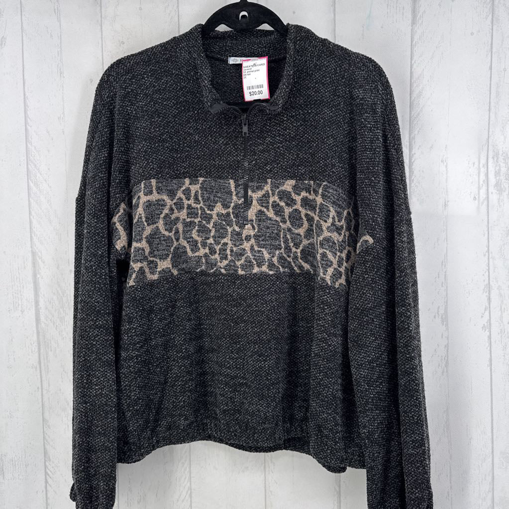 3X animal print detail quarter zip l/s pullover