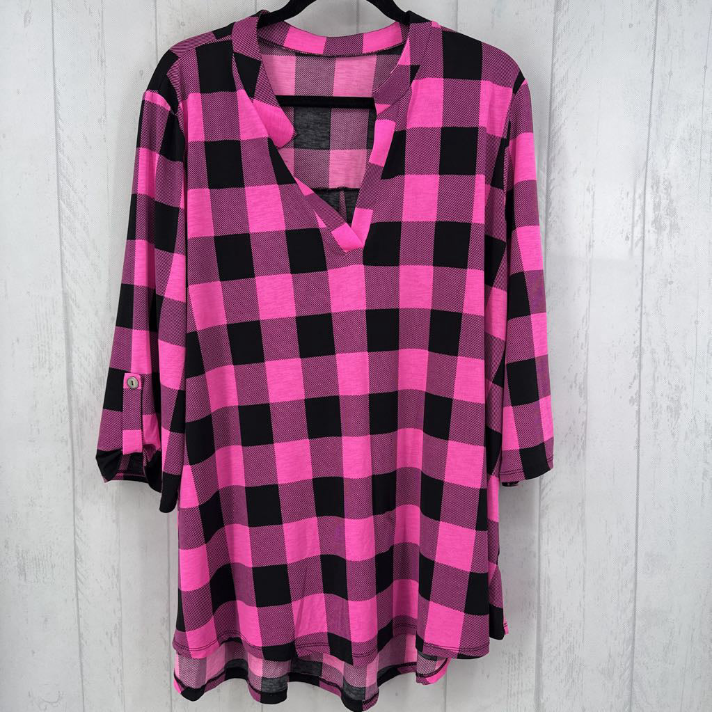2X/3X plaid split neck tab slv tunic