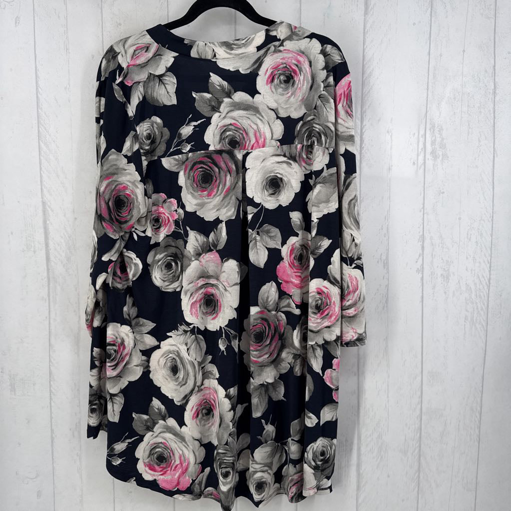 2X/3X flo print split neck 3/4 slv tunic