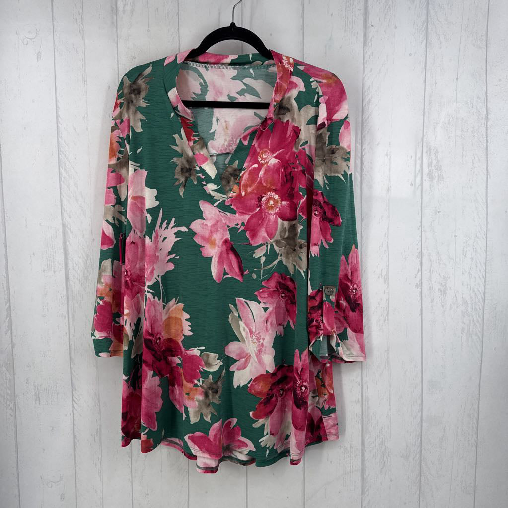 2X/3X flo print split neck 3/4 slv tunic