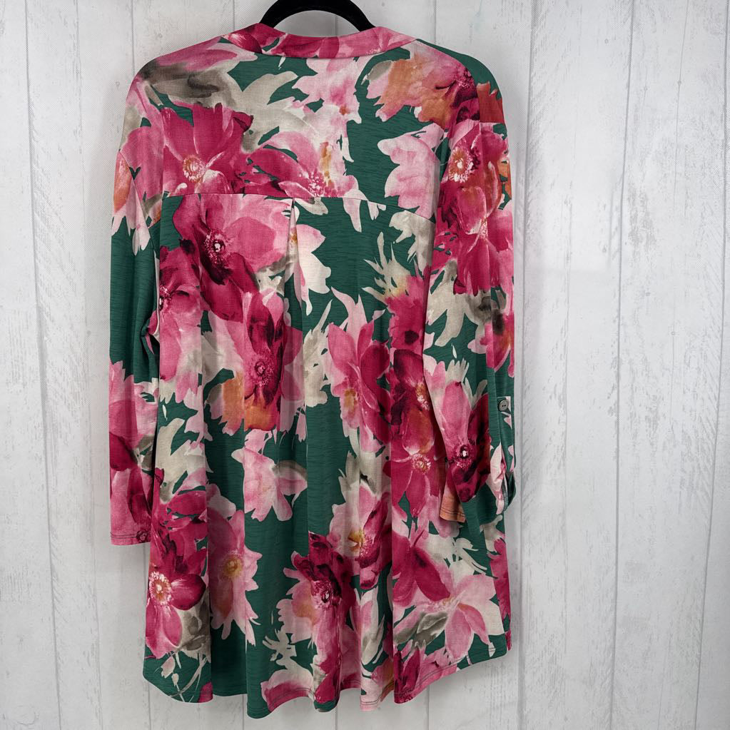 2X/3X flo print split neck 3/4 slv tunic