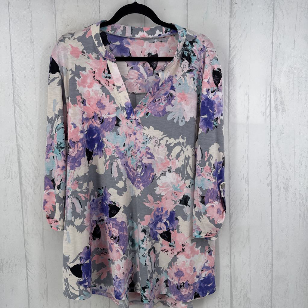 2X/3X flo print split neck 3/4 slv tunic