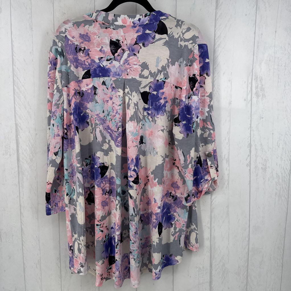 2X/3X flo print split neck 3/4 slv tunic