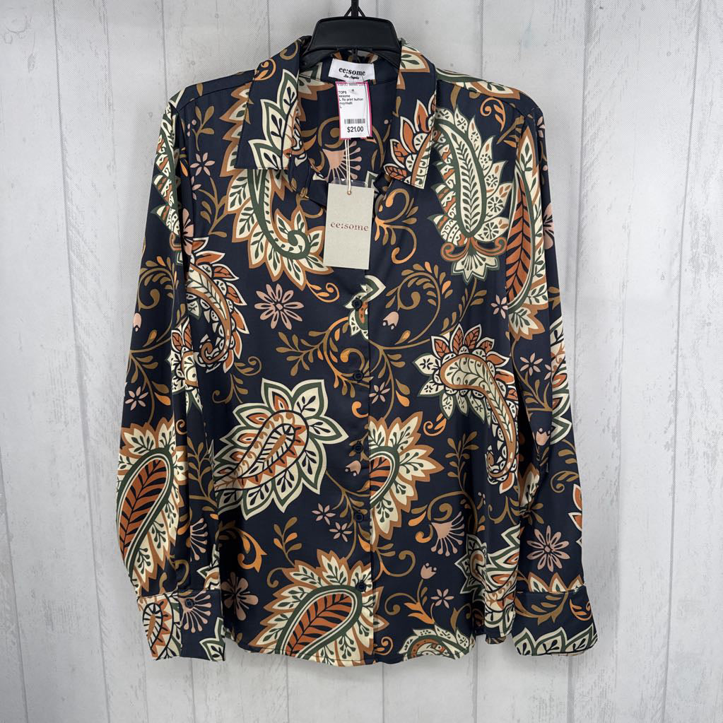 L flo print button down l/s top