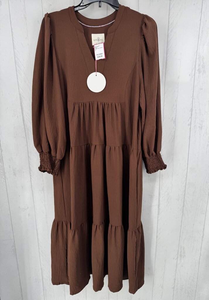 S split neck tiered 3/4 slv dress