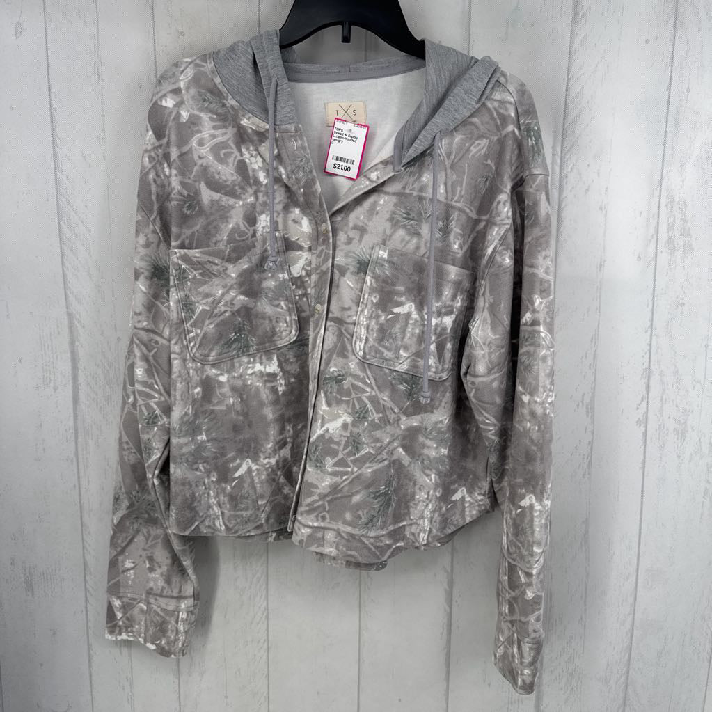 L camo hooded button down l/s top
