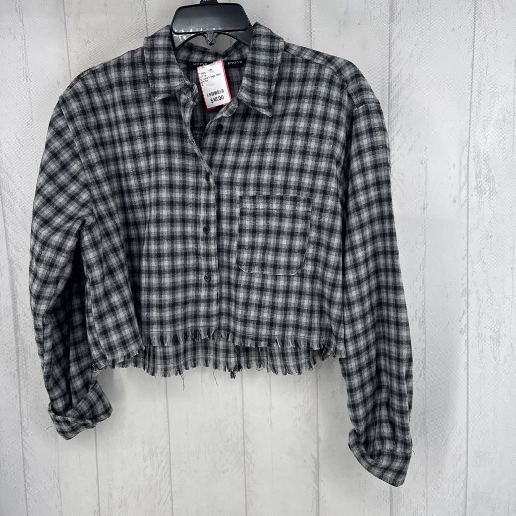 S plaid fringe hem button down crop l/s top