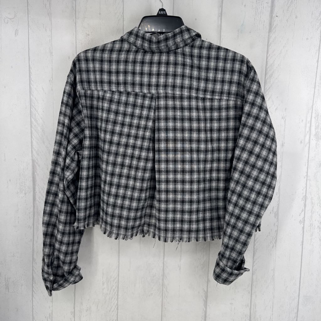 S plaid fringe hem button down crop l/s top