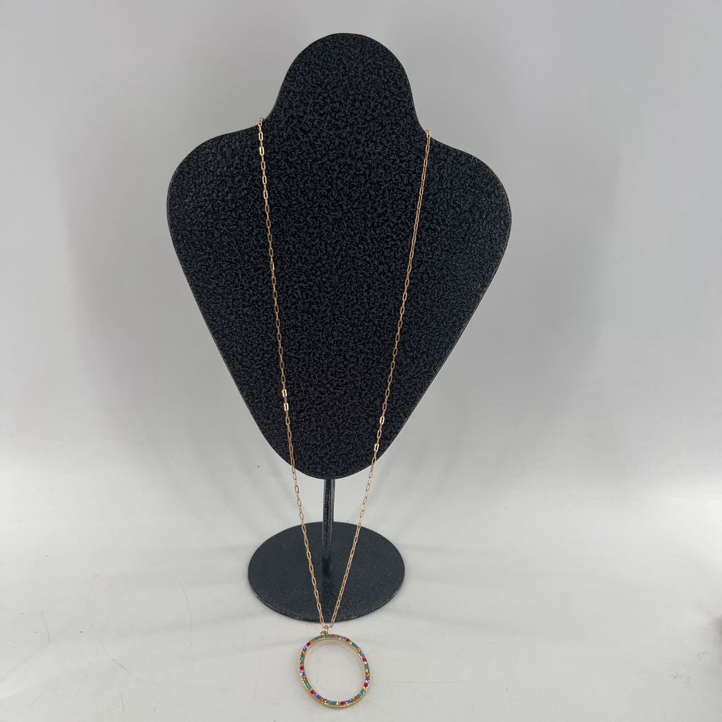 18" gold tone multi-color stone circle pendant necklace