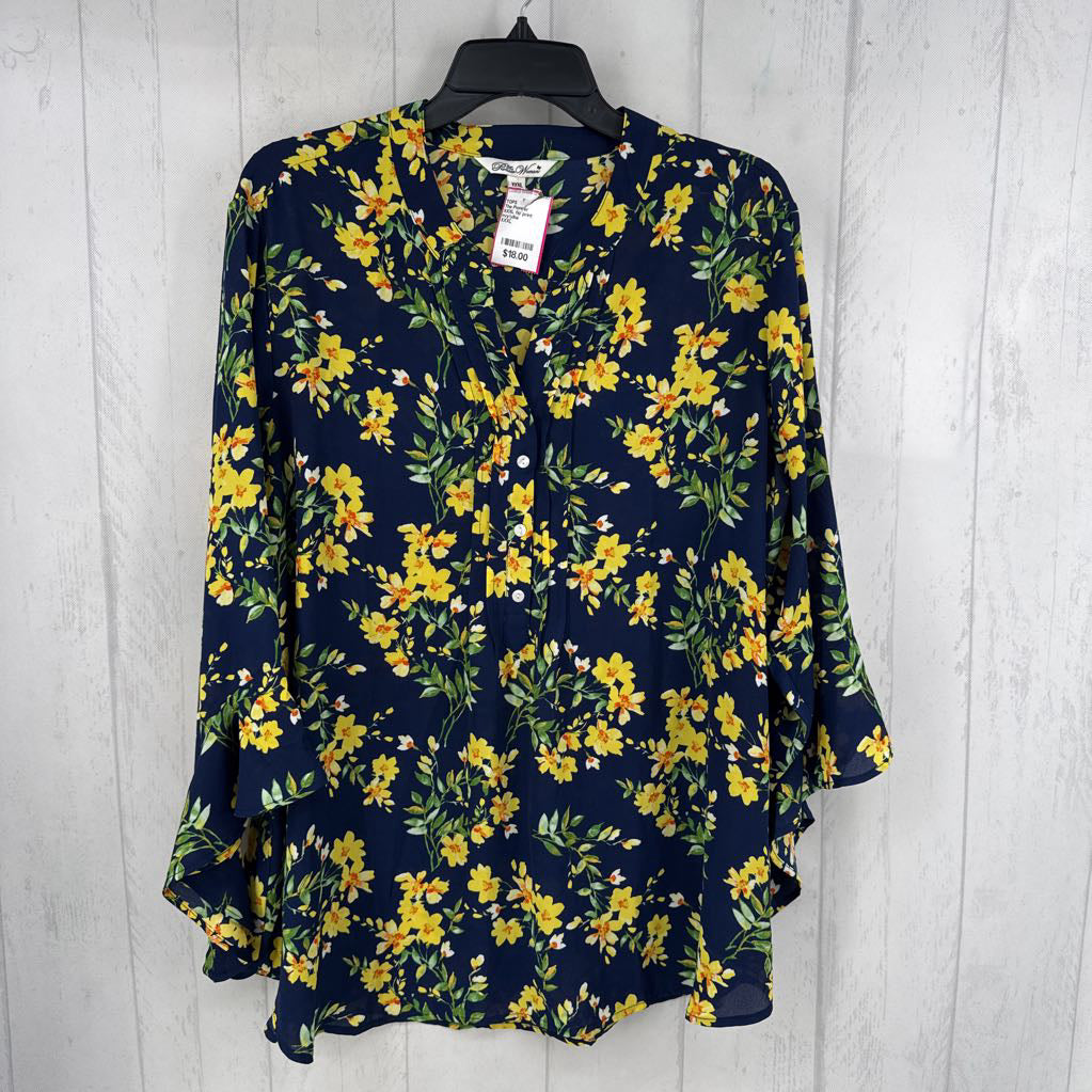 XXXL flo print button down flutter slv top