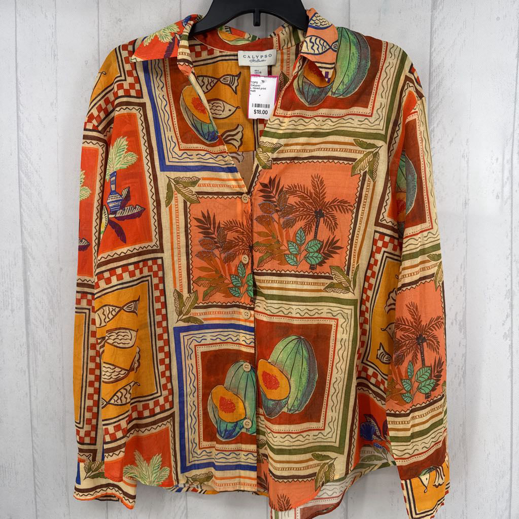 L mixed print button down l/s top